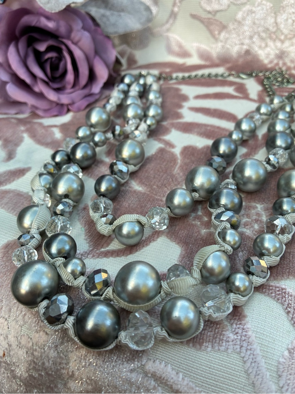 Avon Gray Pearl and Clear Crystal Multi-Strand Necklace